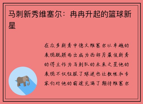 马刺新秀维塞尔：冉冉升起的篮球新星