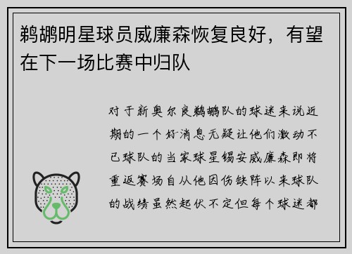 鹈鹕明星球员威廉森恢复良好，有望在下一场比赛中归队